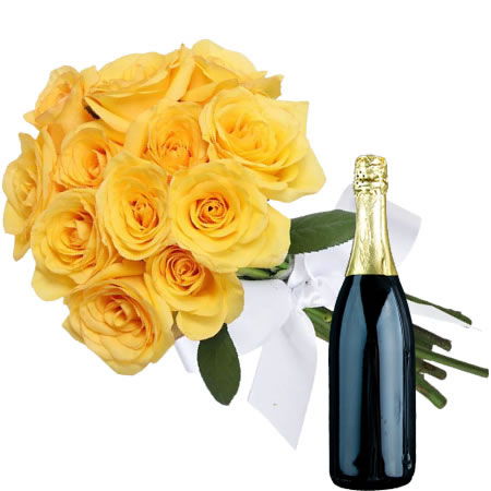 Yellow Roses Flowers Bouquet with Sparkling Wine